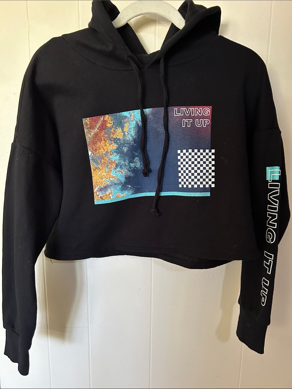 bp Black Cropped Hoodie with Teal, Pink & Multi Graphic